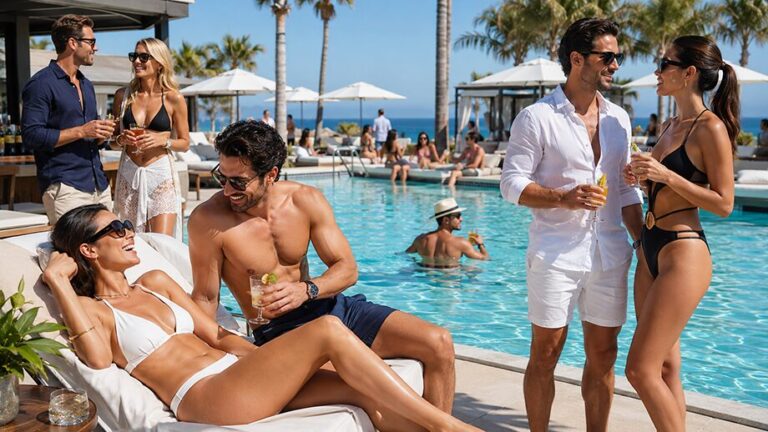 Adults socialize at a sunny luxury resort pool party with cocktails, palm trees, lounge chairs, umbrellas, and ocean views in the background.